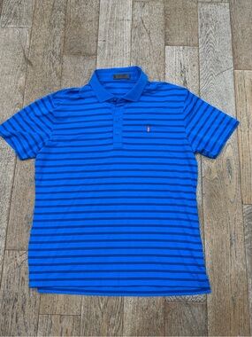 G/FORE Men's Size Large Blue Striped Golf Polo Shirt Lighthouse Logo G4 Large